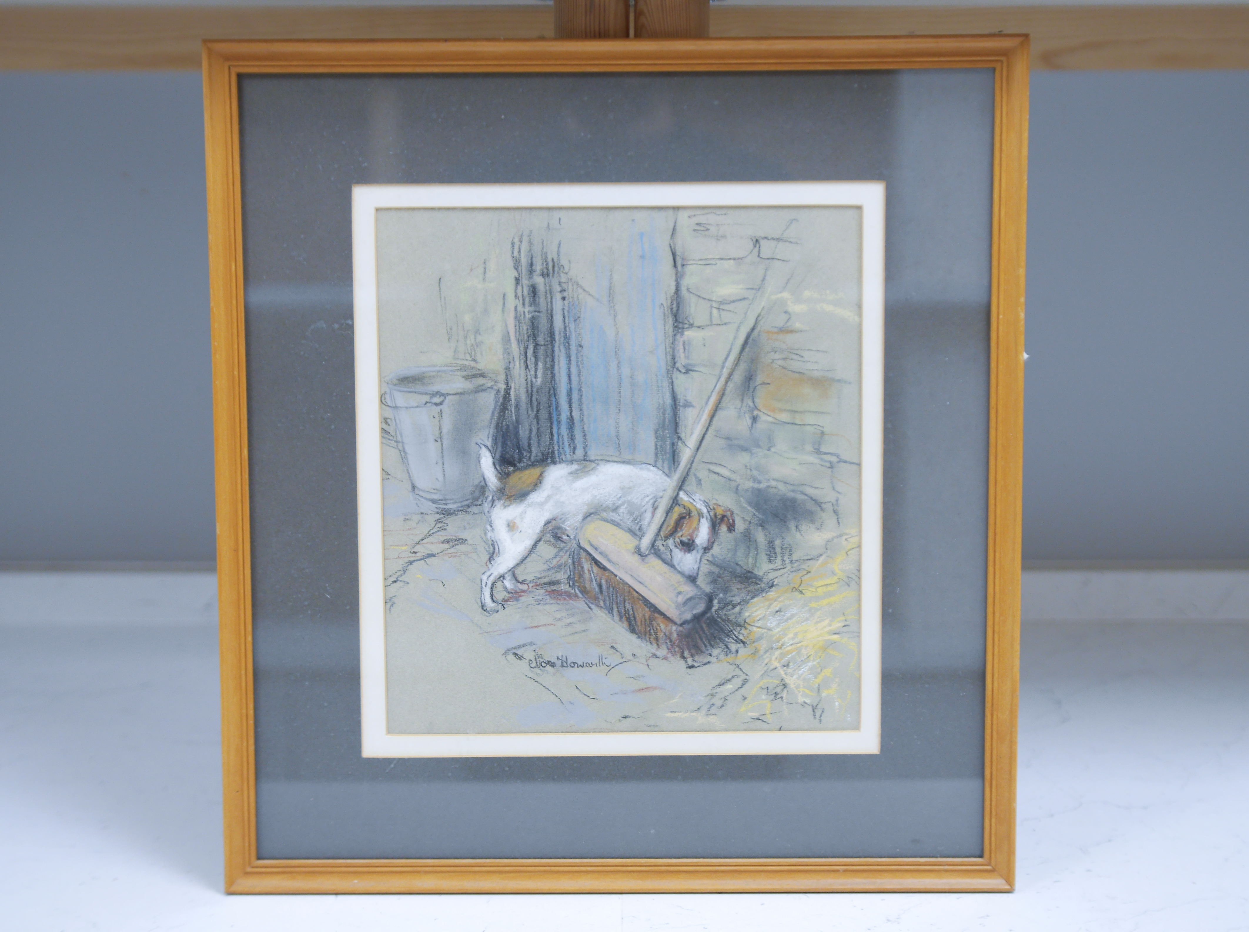 C. Howarth, pastel, Terrier and a broom, signed, 26 x 24cm. Condition - good